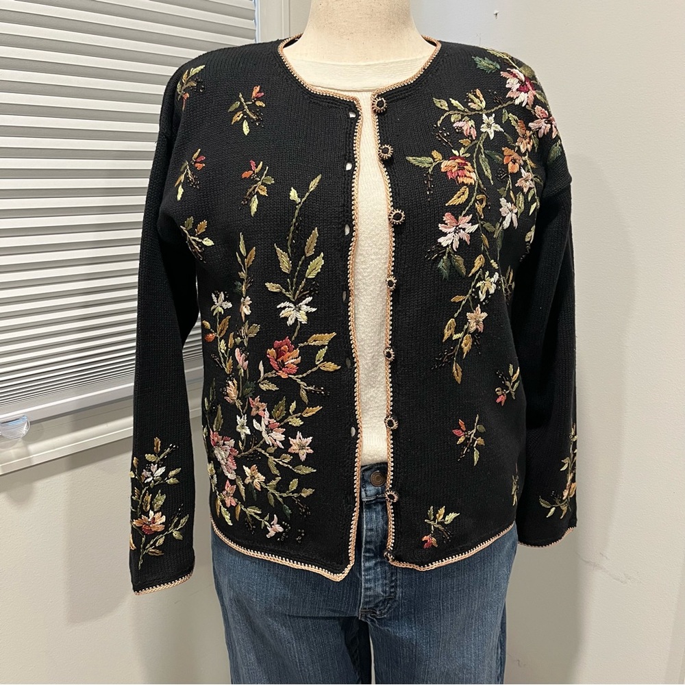 Tiara International Embroidered Floral Black Women's Small Cardigan